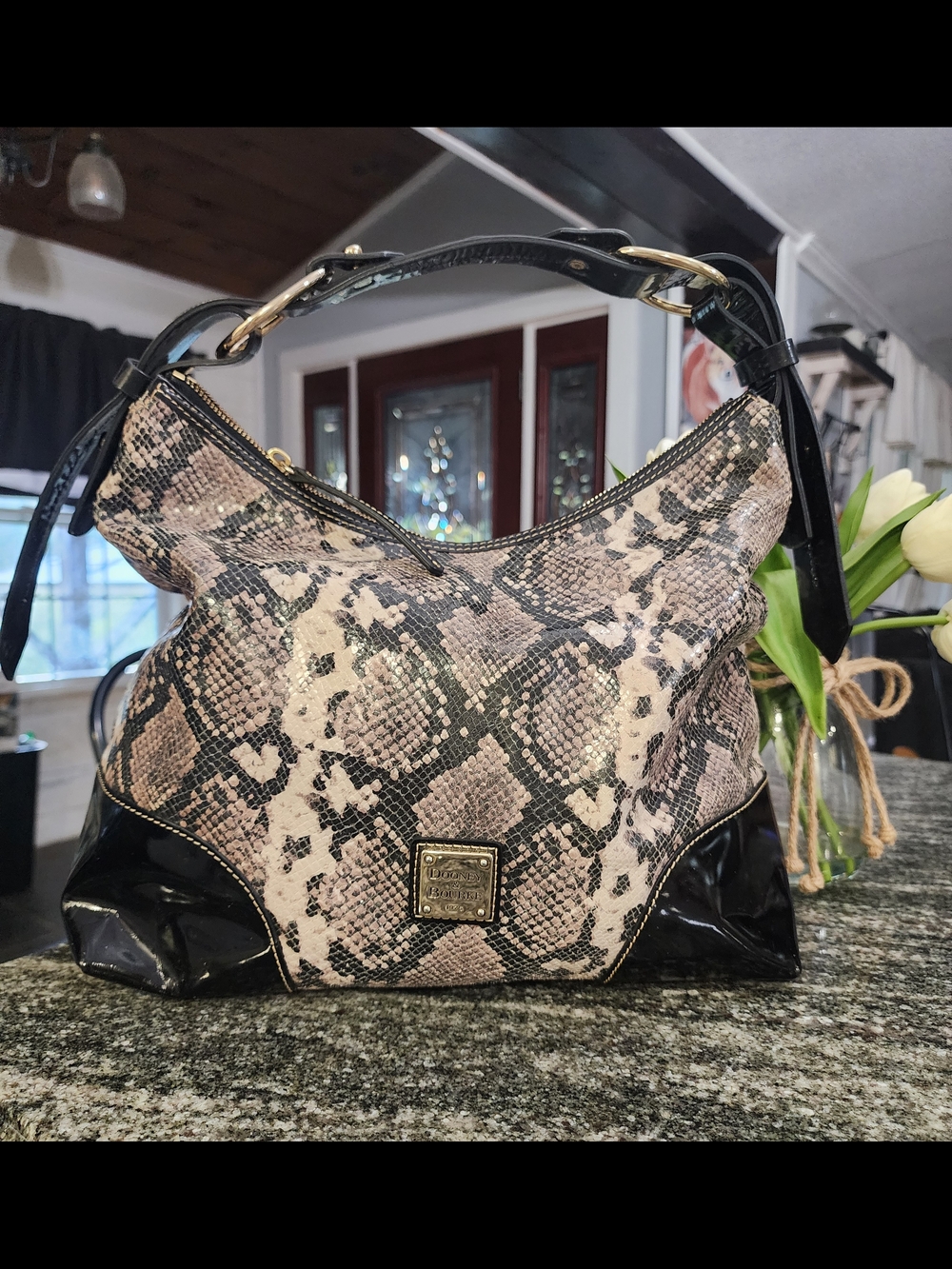 Dooney & Bourke Nikki Black and Beige Snake-Print Hobo Bag- 13.5×11.5×6.5